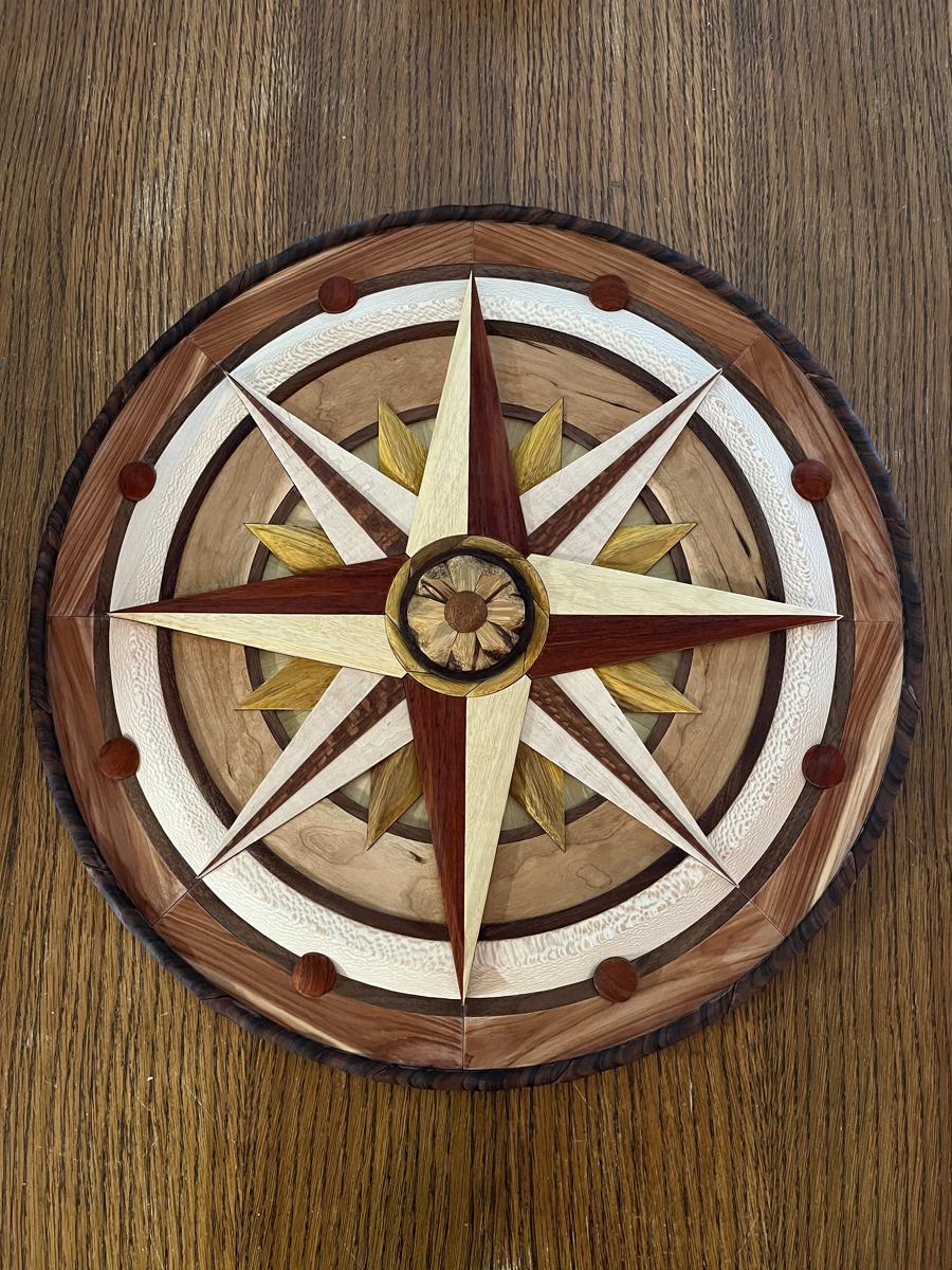 Intarsia compass rose in mixed hardwoods