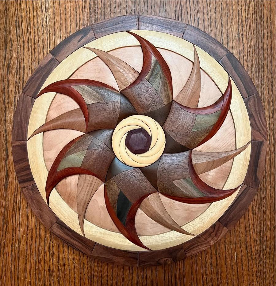 Spiral medallion intarsia in walnut, padauk, maple and more